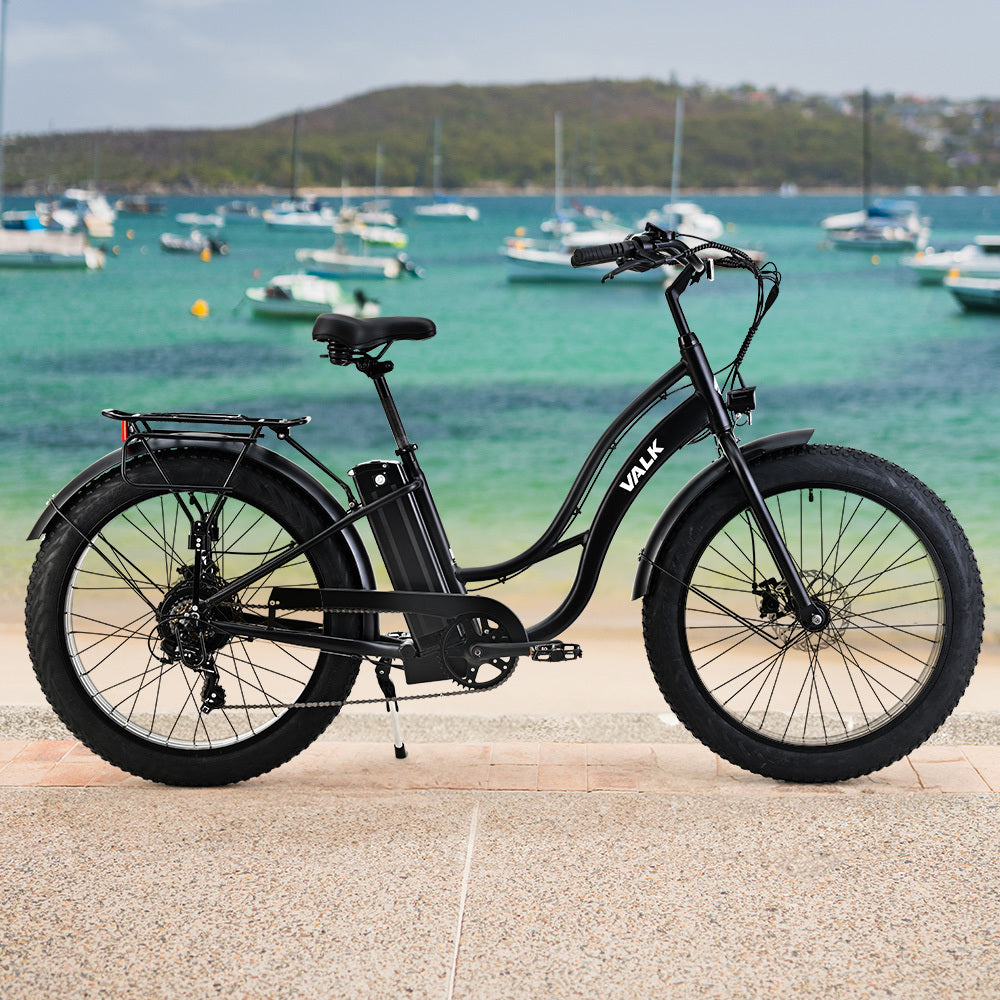 NNEMB Electric Fat Tyre Cruiser Bike, with Throttle, Step-Through eBike, Matte Black-1