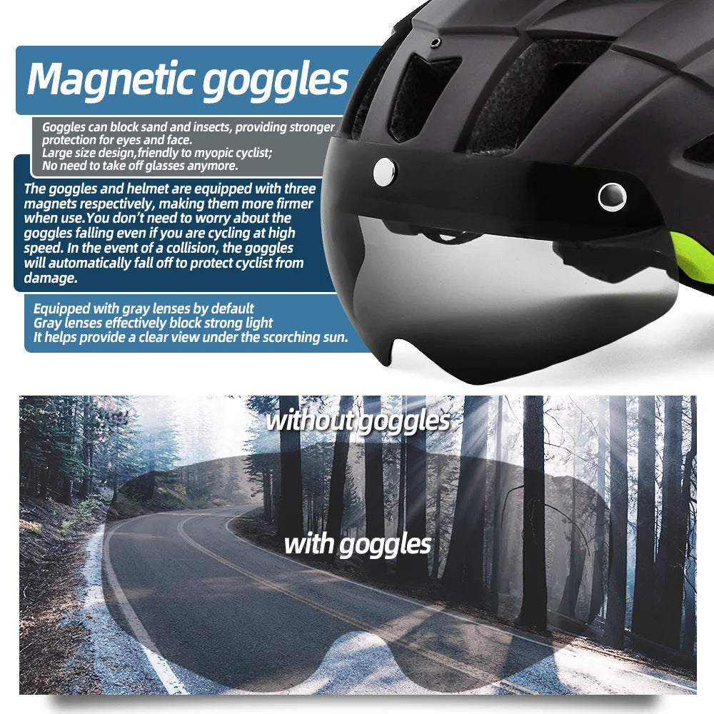 LED Bike Helmet Magnetic Goggles Sun Visor Green-2