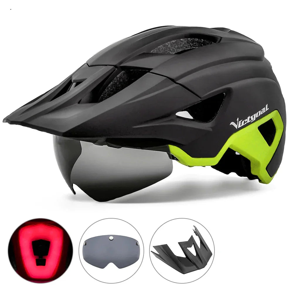 LED Bike Helmet Magnetic Goggles Sun Visor Green-1