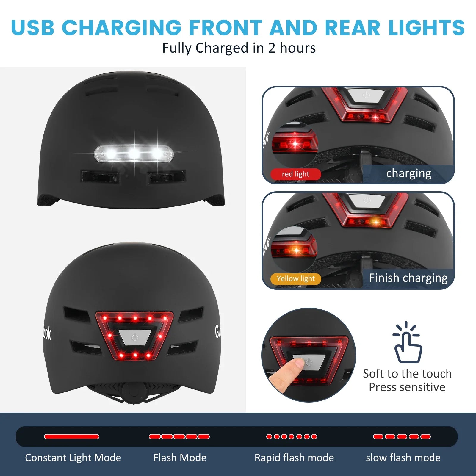 Bike Helmet with Front And Rear Rechargeable LED Lights, Matte Black-4